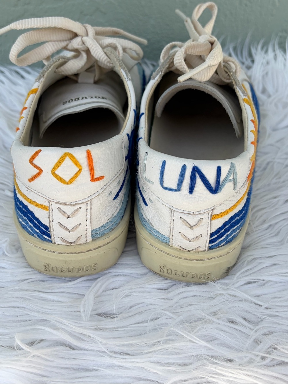 Soludos White Canvas Sneakers with Blue Wave and Yellow Sun Motif - Picture 5 of 8